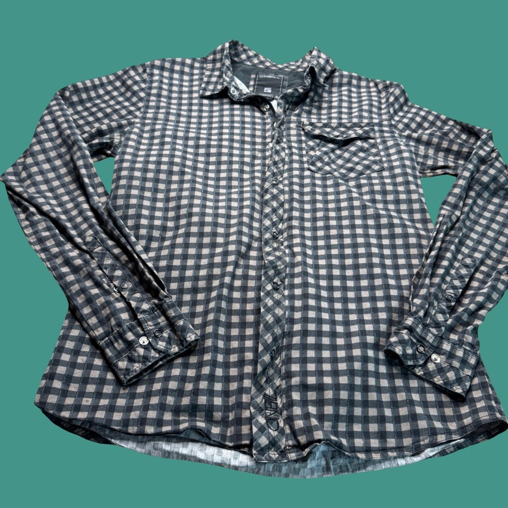 O'Neill Button Down Zip Shirt Medium Black Gray Plaid Long Sleeve Skater Surf